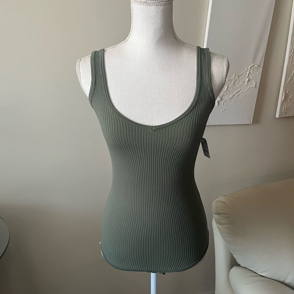 Free People XYZ Recycled Bodysuit Ribbed Tank in Army Green Size XS/ Small NWT
